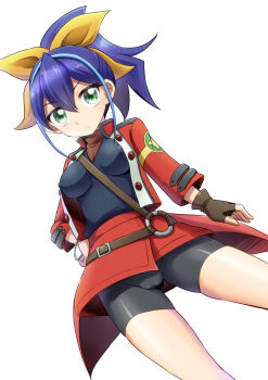 Rule 34 | 1girl, bike shorts, bow, cameltoe, covered erect nipples, female focus, fingerless gloves, gloves, green eyes, jacket, multicolored hair, ponytail, serena (yu-gi-oh!), skirt, solo, tagme, yu-gi-oh!
