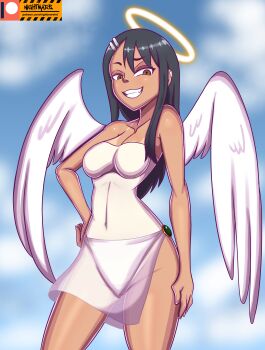 1girl angel_girl arm_at_side blue_sky breasts collarbone day ear_piercing eyelashes feet_out_of_frame female_focus from_below grin half-closed_eyes halo hand_on_own_hip ijiranaide_nagatoro-san leotard looking_at_viewer medium_breasts nagatoro_hayase naughty_face nightmare_hdraw outdoors piercing skirt sky smile solo standing tan tanline teeth white_leotard white_skirt yellow_halo