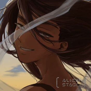 1girl alien_stage brown_hair commentary copyright_logo copyright_name derivative_work english_commentary english_text floating_hair from_side grey_eyes hyuna_(alien_stage) logo long_hair looking_at_viewer mirdilean smile solo