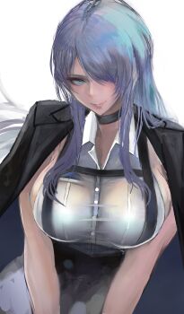 1girl absurdres black_choker blue_eyes blue_hair breasts brid_(nikke) brid_(silent_track)_(nikke) choker closed_mouth collared_shirt cowboy_shot goddess_of_victory:_nikke hair_over_one_eye hashtag-only_commentary highres kyel_hyde large_breasts leaning_forward long_hair looking_at_viewer pants shirt sideless_shirt simple_background smile solo white_background white_shirt