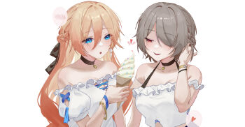2girls :d bare_shoulders black_choker blonde_hair blue_eyes breasts brown_hair chinese_commentary choker commentary dress durandal_(honkai_impact) feeding highres holding holding_ice_cream_cone honkai_(series) honkai_impact_3rd ice_cream_cone large_breasts long_hair multiple_girls open_mouth rita_rossweisse shirt short_hair simple_background smile very_long_hair white_background white_dress white_shirt youmiao_oxo yuri