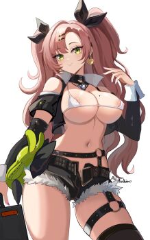 1girl aki_hoshino amillion_(zenless_zone_zero) areola_slip artist_name bare_shoulders bikini bikini_top_only black_jacket black_ribbon black_shorts black_thighhighs breasts briefcase cowboy_shot earrings green_eyes hair_ornament hair_ribbon hairclip heart heart_earrings heart_necklace highres holding holding_briefcase jacket jewelry large_breasts long_hair looking_at_viewer micro_shorts nail_polish navel necklace nicole_demara nipple_slip nipples open_clothes open_fly open_jacket pink_hair ribbon shorts simple_background single_thighhigh smile solo stomach swimsuit thighhighs twintails white_background white_bikini zenless_zone_zero