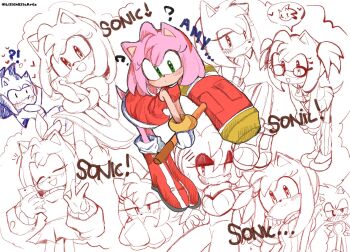 1boy 1girl ? alternate_costume amy_rose blush cellphone commentary cosplay dress english_commentary english_text furry furry_female furry_male furry_with_furry glasses green_eyes hammer hetero highres holding holding_hammer holding_phone lilith_elisartz multiple_views phone pink_fur red_dress rouge_the_bat rouge_the_bat_(cosplay) school_uniform simple_background sketch smartphone sonic_(series) sonic_the_hedgehog v white_background