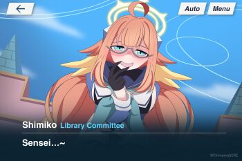 1girl absurdres black_gloves black_leotard blue_archive blue_sky breasts chimaera_scre glasses gloves green_eyes half_gloves halo highres large_breasts leotard magia_baiser mahou_shoujo_ni_akogarete naughty_face official_alternate_costume orange_hair scene_reference shimiko_(blue_archive) shimiko_(magical)_(blue_archive) sideboob sky smile twintails user_interface yellow_halo