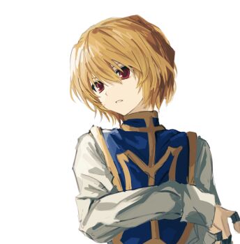 Rule 34 | 1boy, androgynous, blonde hair, blue tabard, eyebrows hidden by hair, gold trim, hair between eyes, highres, hunter x hunter, jewelry, kurapika, kuravika, long sleeves, male focus, multiple rings, red eyes, ring, shirt, short hair, simple background, solo, tabard, tsurime, upper body, white background, white shirt
