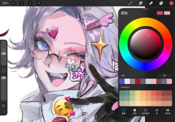 1boy :d aotsuki_eito art_program_in_frame black_gloves blue_eyeshadow braces eye_glitter eyeshadow fang glasses gloves grey_hair hair_ornament hairclip head_tilt highres lineko looking_at_viewer makeup male_focus one_eye_closed open_mouth pink_eyeshadow portrait purple_eyes semi-rimless_eyewear single_hair_intake smile solo star_(symbol) star_hair_ornament the_hundred_line_-last_defense_academy- v wing_hair_ornament