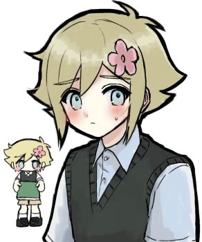 1boy antenna_hair basil_(faraway)_(omori) basil_(omori) blonde_hair blue_eyes blush chibi closed_mouth collared_shirt double-parted_bangs flower green_sweater_vest hair_between_eyes hair_flower hair_ornament hashtag-only_commentary highres looking_at_viewer male_focus omori shirt short_hair short_sleeves sidelocks simple_background solo sweater_vest true_erg white_background white_shirt