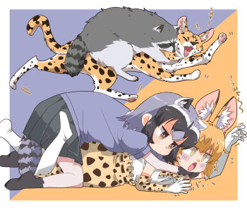 2girls animal_ears animal_print bare_shoulders blonde_hair blue_sweater blush brown_eyes cat cat_ears cat_girl cat_print cat_tail common_raccoon_(kemono_friends) elbow_gloves flying_sweatdrops gloves grey_hair grey_pantyhose grey_skirt hair_between_eyes high-waist_skirt highres hug hug_from_behind kemono_friends multicolored_hair multiple_girls no_shoes open_mouth pantyhose pleated_skirt print_gloves print_skirt print_thighhighs puffy_short_sleeves puffy_sleeves raccoon raccoon_ears raccoon_girl raccoon_tail serval serval_(kemono_friends) shirt short_hair short_sleeves sidelocks skirt sleeveless sweater tail thighhighs two-tone_pantyhose umikaze_shuu white_shirt white_thighhighs yellow_eyes