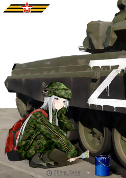 Rule 34 | 1girl, absurdres, arm support, artist name, backpack, bag, blue eyes, bucket, camouflage, caterpillar tracks, chinese commentary, combat helmet, grey hair, helmet, highres, holding, holding paintbrush, military, military combat uniform, military uniform, military vehicle, mole, mole under eye, motor vehicle, original, paintbrush, red bag, ribbon of saint george, russian ground forces, solo, squatting, t-72, tank, white paint, z (russian symbol), zijing sang