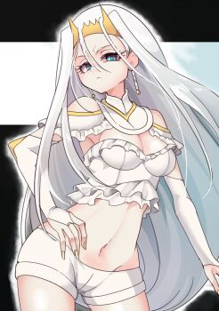 1girl aqua_eyes aqua_pupils bare_shoulders borokuro commentary_request crop_top earrings eyelashes fingernails gen_7_pokemon hair_between_eyes hand_on_own_hip highres humanization jewelry long_hair midriff nail_polish navel nintendo pheromosa pokemon shirt short_shorts shorts solo tiara ultra_beast very_long_hair white_hair white_shirt white_shorts yellow_nails