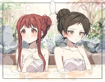 ... 2girls bare_shoulders blush breasts brown_hair cleavage hair_bun hano9789 highres idolmaster idolmaster_million_live! kitazawa_shiho looking_to_the_side multiple_girls naked_towel onsen red_hair shared_speech_bubble sidelocks single_hair_bun sitting speech_bubble spoken_ellipsis steam tanaka_kotoha towel