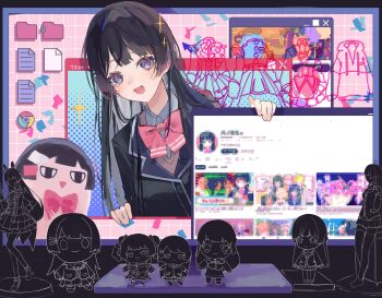 1girl :d black_hair black_jacket blush bow bowtie character_doll colored_lapels commentary cursor desktop_(computing) doll dual_persona fang figure grid_background hand_up highres icon_(computing) jacket konsome9bu lapels leaning_to_the_side long_hair looking_at_viewer mito-chan_(tsukino_mito) mito_and_kaede monitor nijisanji nijisanji_idol_uniform notched_lapels open_mouth pink_background pink_bow pink_bowtie purple_eyes screenshot_inset silhouette skin_fang smile sparkle symbol-only_commentary through_medium through_screen tsukino_mito tsukino_mito_(1st_costume) tsukino_mito_(china_dress) tsukino_mito_(moon!!) tsukino_mito_(sporty) tsukino_mito_(tsuki_no_usagi_ha_virtual_no_yume_wo_miru) upper_body virtual_youtuber window_(computing) youtube