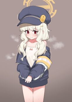 1girl absurdres aoba_(blue_archive) armband black_hat black_jacket blue_archive blush bow_camisole brown_background camisole closed_mouth cowboy_shot halo hat highres jacket loli long_hair long_sleeves makura_u9b off_shoulder orange_halo red_eyes simple_background solo tearing_up trembling white_camisole yellow_armband