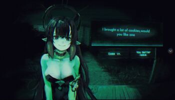 1girl alternate_breast_size_(larger) bare_shoulders breasts cleavage closed_mouth collarbone dialogue_box dialogue_options dress english_text green_theme halo highres hololive hololive_english kabujinuo large_breasts long_hair looking_at_viewer ninomae_ina'nis no_i'm_not_a_human outdoors parody pointy_ears smile solo strapless strapless_dress tentacle_hair upper_body virtual_youtuber
