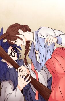 2girls animal_ears black-framed_eyewear blue_jacket braid brown_hair closed_mouth commentary_request dress expressionless eye_contact gradient_background highres holding jacket korean_commentary long_hair long_skirt looking_at_another low-braided_long_hair low-tied_long_hair multiple_girls negative_space open_clothes open_jacket purple_dress purple_hair red_lips red_skirt round_eyewear shirt show_me_your_bust single_braid skirt sleeveless sleeveless_dress sleeveless_jacket team_gaji white_shirt yuri