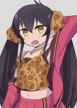 Rule 34 | 1girl, animal print, arm behind head, black hair, blush, breasts, brown ribbon, camisole, cleavage, commentary request, grey background, hair between eyes, hair ribbon, heart, heart necklace, highres, idolmaster, idolmaster cinderella girls, jacket, jewelry, leopard print, long hair, long sleeves, looking at viewer, matoba risa, midriff, navel, necklace, off shoulder, open clothes, open jacket, open mouth, pink jacket, pink skirt, ribbon, simple background, skirt, small breasts, solo, taru haru, twintails, very long hair, yellow eyes