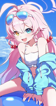 1girl absurdres ahoge bikini blue-tinted_eyewear blue_archive blue_eyes blue_jacket blush commentary day eyewear_on_head fang frilled_bikini frills hair_bobbles hair_ornament halo heterochromia highres hoshino_(blue_archive) hoshino_(swimsuit)_(blue_archive) inflatable_toy inflatable_whale jacket jacket_partially_removed long_hair looking_at_viewer low_twintails navel ocean official_alternate_costume open_clothes open_jacket open_mouth outdoors pink_hair pink_halo shanqianqian_377 solo sunglasses swimsuit tinted_eyewear twintails white-framed_eyewear white_bikini yellow_eyes