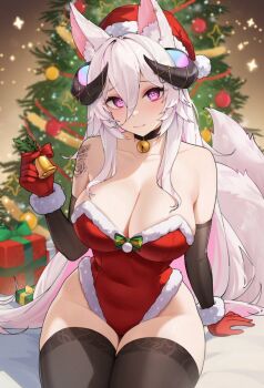 1girl animal_ear_fluff animal_ears arm_tattoo bare_shoulders bell black_choker black_horns box breasts choker christmas_ornaments christmas_tree cleavage closed_mouth collarbone commission flower_tattoo fraeya_(vtuber) fur-trimmed_gloves fur-trimmed_leotard fur_trim gift gift_box gloves hair_between_eyes hat holding holding_bell horns indie_virtual_youtuber leotard neck_bell pom_pom_(clothes) purple_eyes red_gloves red_hat red_leotard santa_hat santa_leotard sitting solo stealcoffins symbol-shaped_pupils tail tattoo thighhighs vgen_commission virtual_youtuber white_hair wolf_ears wolf_girl wolf_tail ych_commission