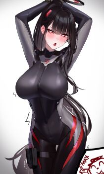 1boy 1girl absurdres black_bodysuit black_hair black_halo black_jumpsuit blue_archive blush bodysuit breasts controller cowboy_shot doodle_sensei_(blue_archive) halo highres holster impossible_bodysuit impossible_clothes jumpsuit large_breasts latex latex_bodysuit licking_lips long_hair looking_at_viewer multicolored_halo open_mouth ponytail remote_control ringed_eyes rio_(blue_archive) rio_(bodysuit)_(blue_archive) sensei_(blue_archive) skin_tight solo_focus thigh_holster tongue tongue_out trembling two-tone_halo wanne