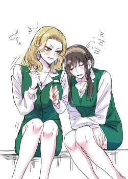 2girls black_hair blonde_hair blush breasts camilla_(spy_x_family) closed_eyes collared_shirt earrings formal_clothes green_vest hair_ornament hairband head_on_another&#039;s_shoulder highres jewelry leaning_on_person leaning_to_the_side long_hair long_sleeves medium_breasts multiple_girls office_lady pencil_skirt shirt side-by-side sidelocks sitting skirt skirt_suit sleeping sleeping_on_person sleeping_upright spy_x_family suit umini_ikukara uniform vest white_shirt yor_briar yuri zzz