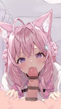 1boy 1girl :3 absurdres animal_ears antenna_hair bar_censor black_choker blue_eyes blush braid braided_bun censored chest_strap choker coat collared_shirt crown_braid double_bun fang fellatio fingernails gradient_eyes hair_between_eyes hair_bun hair_ribbon hakui_koyori hakui_koyori_(1st_costume) hands_on_another&#039;s_thighs highres hololive indoors lab_coat long_hair looking_at_viewer multicolored_eyes nail_polish oral penis pink_eyes pink_hair pink_nails pink_ribbon purple_eyes ribbon saliva shirt smile solo_focus tonton_utaro veins veiny_penis virtual_youtuber white_coat white_shirt wolf_ears wolf_girl