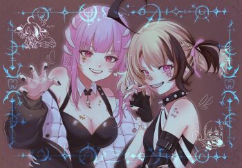 2girls bandaid bandaid_on_face bandaid_on_nose bare_shoulders black_gloves black_nails blonde_hair border braces braid breasts brown_background brown_hair chibi chibi_inset claw_pose cleavage collar commentary earrings english_commentary fingerless_gloves gigi_murin gloves grin happy_(yppah1060) highres hololive hololive_english jewelry large_breasts long_hair looking_at_viewer mark_under_eye mori_calliope multicolored_hair multiple_girls nail_polish off_shoulder ornate_border pink_eyes pink_hair red_eyes red_lips sharp_teeth short_hair short_twintails side_braid simple_background smile spiked_collar spikes streaked_hair teeth tooth_earrings twintails two-tone_hair upper_body virtual_youtuber zipper