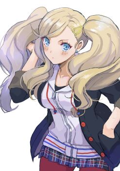 1girl black_jacket black_shirt blonde_hair blue_eyes blush breasts cleavage earrings hair_ornament hand_in_pocket highres hood hooded_jacket hoodie jacket jewelry kanna_nijiniji large_breasts long_hair looking_at_viewer open_clothes open_jacket pantyhose persona persona_5 plaid_clothes plaid_skirt red_pantyhose school_uniform shirt shuujin_academy_school_uniform simple_background skirt solo takamaki_anne twintails white_background white_hoodie
