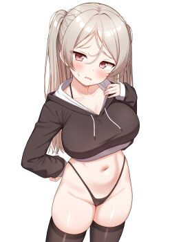 1girl absurdres alternate_costume black_panties black_sweater black_thighhighs breasts brown_eyes collarbone commentary_request cowboy_shot embarrassed grey_hair hair_between_eyes highres hood hooded_sweater kantai_collection long_hair loose_hair_strand no_shirt open_mouth panties shorts simple_background solo sweater thighhighs tiemu_(man190) two_side_up underwear white_background