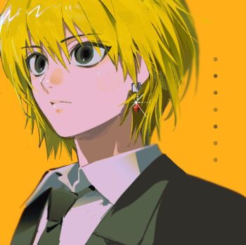 Rule 34 | 1boy, black jacket, blonde hair, closed mouth, collared shirt, earrings, grey eyes, hunter x hunter, jacket, jewelry, kurapika, male focus, open clothes, open jacket, orange background, piercing, sanpaku, shirt, short hair, solo, sparkle, suit jacket, upper body, white shirt, wing collar, yongsa (y0ngs4)