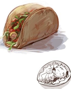 1boy beef blonde_hair chibi commentary echigoya_takeru food highres in_food lettuce sleeping south_park stuck taco tomato tomato_slice tortilla tweek_tweak