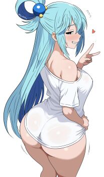 Rule 34 | 1girl, ^^^, aqua (konosuba), ass, ass focus, augusketchs, bare shoulders, blue eyes, blue hair, blush, breasts, hair ornament, hair rings, hand on own hip, heart, highres, kono subarashii sekai ni shukufuku wo!, large breasts, long hair, looking at viewer, shirt, smile, solo, spanish commentary, sphere hair ornament, sweat, teeth, twitter username, v, very long hair, white background, white shirt