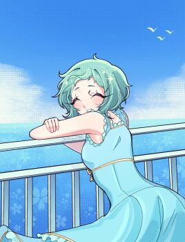 1girl aqua_hair artist_name bare_shoulders blue_dress blue_sky closed_eyes cloud commentary dress english_commentary frilled_sleeves frills highres jellopypng looking_at_another persona persona_3 short_hair short_sleeves sky solo upper_body very_short_hair yamagishi_fuuka