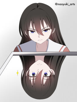 Rule 34 | 1girl, absurdres, azumanga daioh's school uniform, azumanga daiou, black hair, closed mouth, commentary request, different reflection, frown, grey background, hair between eyes, highres, it's all a matter of angle (meme), long hair, looking at viewer, meme, mirror, naoyuki arts, pink shirt, purple eyes, reflection, sakaki (azumanga daioh), school uniform, shirt, simple background, solo, v-shaped eyebrows