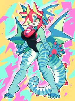 1girl anguria_(seelmaru) animal_ears animal_hands aqua_skin between_breasts black_one-piece_swimsuit breasts bubble_tea bubble_tea_challenge claws cleavage colored_sclera colored_skin colorful commentary curled_tail curvy dragon_ears dragon_girl dragon_horns dragon_tail english_commentary food fruit furry furry_female green_eyes head_wings highres horns large_breasts looking_at_viewer one-piece_swimsuit original pawpads ponytail red_hair red_sclera reptile_girl seel_(seelmaru) short_hair solo spikes standing striped_skin swimsuit tail watermelon watermelon_slice wide_hips wings