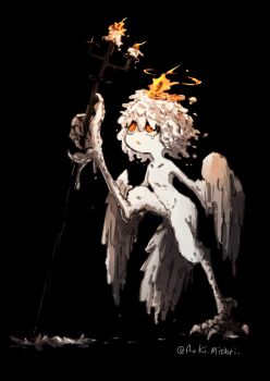 1girl aoki_midori_(artist) bird_tail black_background candle_wax candlestand colored_skin fire harpy highres monster_girl open_mouth orange_eyes original short_hair solo tail talons twitter_username white_skin winged_arms wings