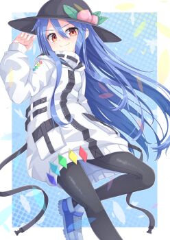 1girl alternate_costume black_hat black_pantyhose blue_hair blue_shoes closed_mouth commentary_request dress hat hat_ornament highres hinanawi_tenshi leaf_hat_ornament long_hair long_sleeves looking_at_viewer pantyhose peach_hat_ornament rainbow_order red_eyes shoes smile solo touhou uumaru very_long_hair white_dress