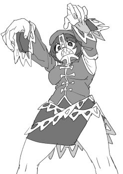 Rule 34 | 1girl, breasts, commentary request, cropped legs, detached sleeves, greyscale, hat ornament, jiangshi, lace-trimmed sleeves, lace trim, looking at viewer, mero (starfish jcs), miyako yoshika, monochrome, ofuda, outstretched arms, sharp teeth, shirt, skirt, sleeveless, sleeveless shirt, solo, star (symbol), star hat ornament, teeth, thighs, touhou, zombie pose