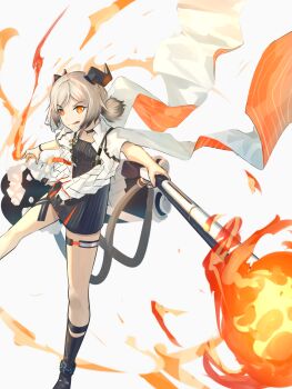 Rule 34 | 1girl, :q, arknights, black boots, blonde hair, boots, breasts, canister, choker, cloak, dress, fire, flamethrower, flat chest, foot out of frame, gas tank, gradient hair, grey dress, grey hair, gun, hand up, highres, holding, holding flamethrower, holding gun, holding weapon, horns, ifrit (arknights), infection monitor (arknights), leg strap, looking at viewer, low twintails, multicolored hair, open-toe boots, orange eyes, parted bangs, short dress, sidelocks, solo, striped clothes, striped dress, tail, thigh strap, tongue, tongue out, twintails, wagachop, weapon, white background, white cloak