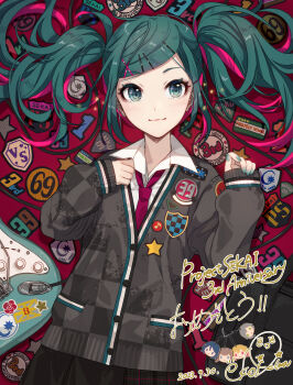 1girl 39 2023 :&lt; absurdres anniversary aqua_eyes aqua_hair aqua_nails bag bag_charm black_bag black_eyes black_hair black_skirt blonde_hair blue_eyes brown_eyes buttons cable cardigan character_name charm_(object) checkered_clothes closed_mouth collared_shirt colored_eyelashes colored_tips copyright_name dated dot_nose dress_shirt eighth_note electric_guitar eyelashes facing_viewer fingernails flower_sticker green_eyes grey_cardigan grey_hair group_name guitar hair_ornament hairclip hatsune_miku highres hinomori_shiho hoshino_ichika_(project_sekai) instrument ixima leo/need_(project_sekai) leo/need_miku light_blush light_smile long_sleeves mochizuki_honami multicolored_hair musical_note necktie patch pink_eyes pink_hair pink_necktie plaid_clothes plaid_skirt pleated_skirt project_sekai red_background school_bag shadow shield shirt shoulder_bag sidelocks sideways_glance signature simple_background skirt sleeves_past_wrists solid_oval_eyes solo star_(symbol) star_sticker sticker streaked_hair swept_bangs tareme tenma_saki triangle triple_horizontal_stripe triple_vertical_stripe twintails two-tone_hair upper_body vocaloid white_shirt x_hair_ornament