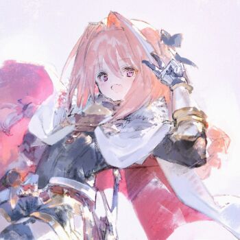 Rule 34 | 1boy, astolfo (fate), astolfo (rider) (fate), black shirt, cape, cloak, commentary, fang, fate/grand order, fate (series), gauntlets, grey background, hair between eyes, highres, long hair, looking at viewer, male focus, open mouth, pink eyes, pink hair, shiratsuyu mone, shirt, skin fang, solo, untranslatable commentary, trap, v