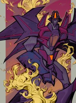 1boy airplane_wing closed_mouth decepticon fire glowing glowing_eyes humanoid_robot insignia looking_at_viewer machinery male_focus mecha no_humans red_eyes robot science_fiction sir_garrowman solo starscream transformers transformers:_robots_in_disguise_(2015) weapon