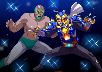 2boys antwrestler armor bell black_bodysuit blue_armor bodysuit gloves glowing glowing_eyes gotcha_driver highres kamen_rider kamen_rider_gotchard kamen_rider_gotchard_(series) luchador luchador_mask male_focus manly mask multiple_boys official_alternate_costume orange_eyes otokamu outstretched_arms power_armor scarf shoulder_armor spread_arms spread_legs white_gloves white_scarf wrestler wrestling_g wrestling_mask wrestling_outfit