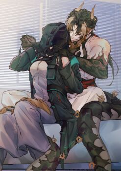 1boy 1girl absurdres arknights bed black_coat black_hair brown_hair chinese_clothes chongyue_(arknights) closed_mouth coat colored_extremities commentary_request doctor_(arknights) dragon_boy dragon_horns dragon_tail earrings facing_another feet_out_of_frame female_doctor_(arknights) gradient_hair hands_up hetero highres hood hood_up hooded_coat horns indoors jewelry korean_commentary long_hair long_tail looking_at_another low_ponytail mask multicolored_hair on_bed open_clothes open_coat pillow pointy_ears ponytail red_eyes sleeveless smile streaked_hair tail tail_around_another&#039;s_leg tail_wrap toned toned_male walhee221 window window_blinds