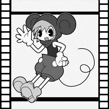 Rule 34 | amazake (manuke no oukoku), animal ears, black eyes, blush, buttons, commentary request, cosplay, disney, fake animal ears, film grain, film strip, full body, greyscale, hand on own hip, hood, hood up, legs apart, looking at viewer, mickey mouse, mickey mouse (cosplay), mickey mouse ears, monochrome, mouse ears, mouse tail, no nose, open mouth, original, pac-man eyes, puffy shorts, shirt, shoes, short hair, shorts, sleeveless, sleeveless shirt, solo, tail, thick lineart, waving, white background