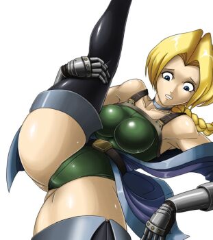 1girl armor ass bare_shoulders black_thighhighs blonde_hair blue_coat blue_eyes braid braided_ponytail breasts brown_straps cameltoe castlevania_(series) castlevania_legends choker cleavage clenched_teeth coat covered_erect_nipples covered_navel covered_pussy deadmoon_(artist) eyelashes frown gauntlet gauntlets green_leotard grey_choker grey_trim huge_ass konami large_breasts legs leotard long_eyelashes long_hair metal nervous o-ring ponytail shiny_clothes shiny_pussy shiny_skin sonia_belmont straps teeth thick_eyelashes thick_thighs thighhighs thighs thin_eyebrows very_long_hair white_background wide_hips