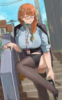 Rule 34 | 1girl, alternate costume, archinoer, braid, breasts, button gap, cleavage, full body, glasses, gradient hair, high heels, highres, hololive, hololive english, id card, jacket, lanyard, large breasts, multicolored hair, nail polish, office lady, orange hair, pantyhose, parted lips, shirt, side braid, solo, takanashi kiara, thick thighs, thighs, virtual youtuber, white shirt