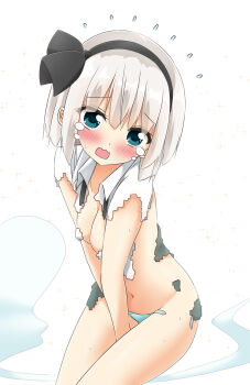 1girl black_hairband blue_panties blush collared_shirt commentary_request embarrassed green_eyes grey_hair hairband highres hitodama konpaku_youmu konpaku_youmu_(ghost) looking_at_viewer navel open_mouth panties revealing_clothes shirt shishiky solo torn_clothes torn_shirt touhou underwear white_shirt