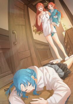 Rule 34 | 3girls, absurdres, ahoge, ankle socks, black skirt, blue dress, blue hair, blue shoes, braid, braided ponytail, breasts, candle, candlestand, carrying, carrying person, chest of drawers, child carry, christina greyrat, cleavage, closed eyes, commentary request, dress, eris greyrat, half-siblings, highres, indoors, lara greyrat, long hair, looking at another, lying, medium breasts, mother and daughter, multiple girls, mushoku tensei, naked towel, on floor, on stomach, open mouth, raikun nekoneko, red eyes, red hair, shirt, shoes, siblings, sisters, skirt, slippers, socks, teeth, towel, upper teeth only, white shirt, white slippers, white socks, wooden floor