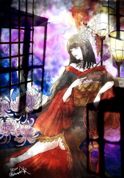 1girl barefoot black_hair black_kimono blunt_bangs chrysanthemum copyright_name final_fantasy final_fantasy_xiv flower green_eyes hair_flower hair_ornament hair_stick holding holding_smoking_pipe hyur japanese_clothes kimono kiseru long_hair mole mole_under_mouth obi obijime parted_lips ruka_(blueplus84) sash smoking_pipe solo twitter_username white_flower wisteria yellow_sash yotsuyu_goe_brutus