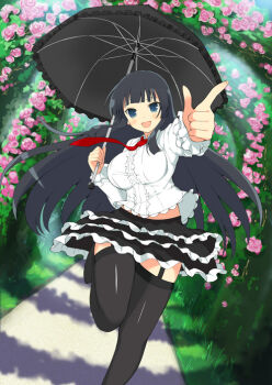 Rule 34 | 1girl, :d, arch, black garter straps, black hair, black skirt, black thighhighs, black umbrella, blue eyes, blunt bangs, blunt sidelocks, blush, breasts, center frills, flower, frilled shirt, frilled skirt, frilled umbrella, frills, garter straps, gothic lolita, grass, hime cut, holding, holding umbrella, ikaruga (senran kagura), large breasts, lolita fashion, long hair, long sleeves, looking at viewer, midriff peek, necktie, official art, open mouth, pink flower, pink rose, plant, pointing, pointing at viewer, red necktie, rose, senran kagura, senran kagura new wave, senran kagura shoujo-tachi no shin'ei, shirt, sidelocks, sidewalk, skirt, smile, solo, thighhighs, two-tone skirt, umbrella, very long hair, white shirt, white skirt